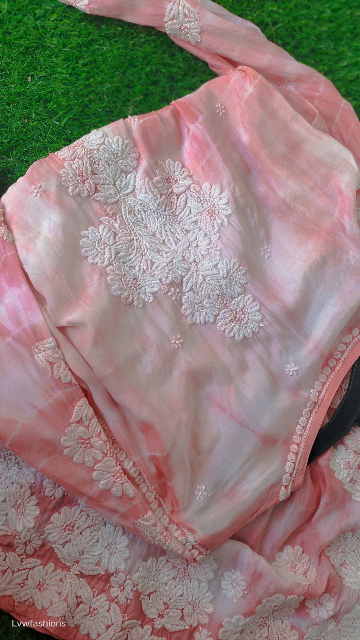 Handmade peach silk Chikankari kurta by LVW Fashions with Tye Dye pattern, soft luxurious look, designed in traditional Lucknow style.