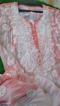 Farah Peach Tye Dye Luxurious Silk Chikankari Kurta by LVW Fashions, handmade soft silk with intricate Lucknow chikankari embroidery.