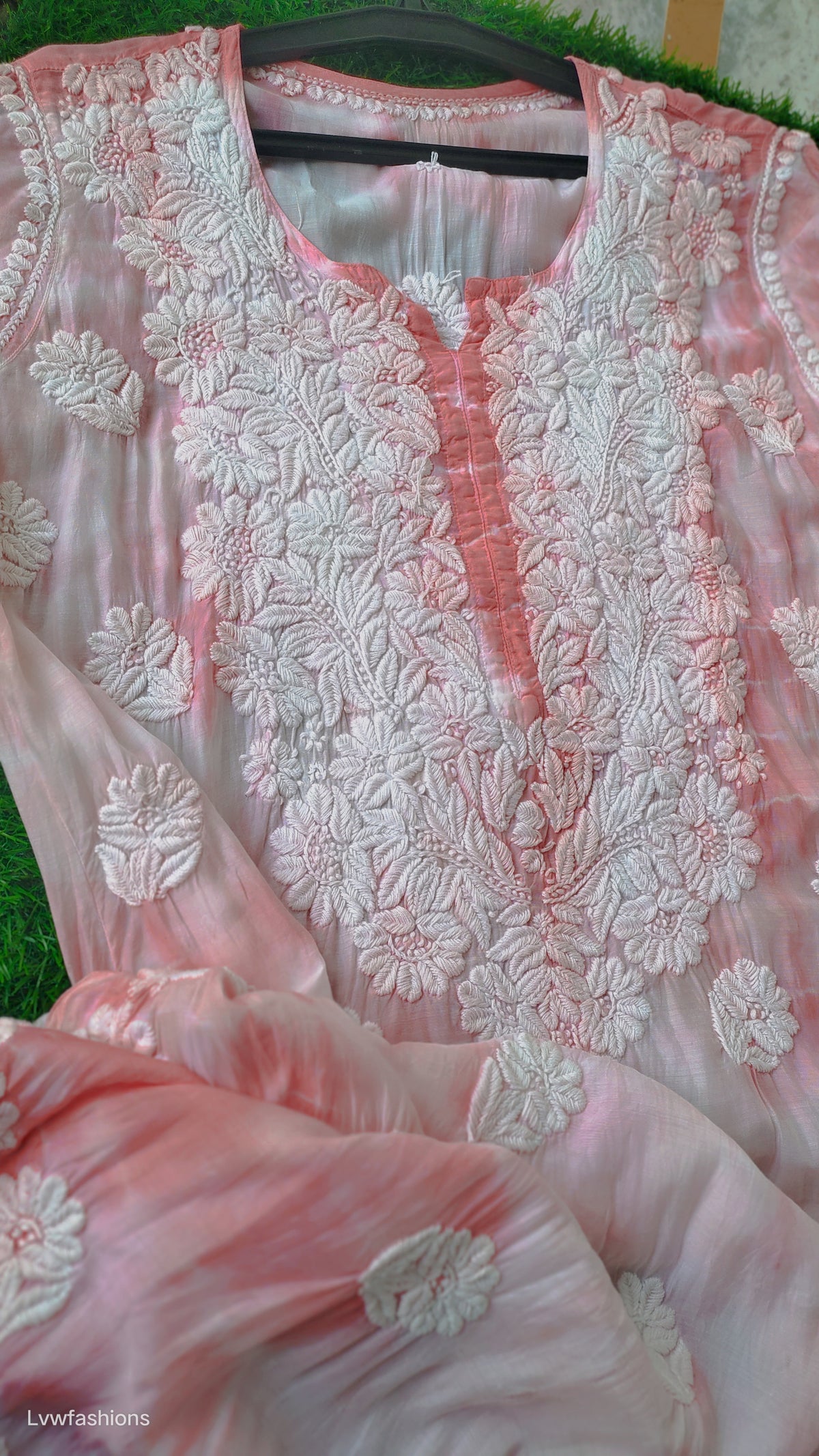 Farah Peach Tye Dye Luxurious Silk Chikankari Kurta by LVW Fashions, handmade soft silk with intricate Lucknow chikankari embroidery.