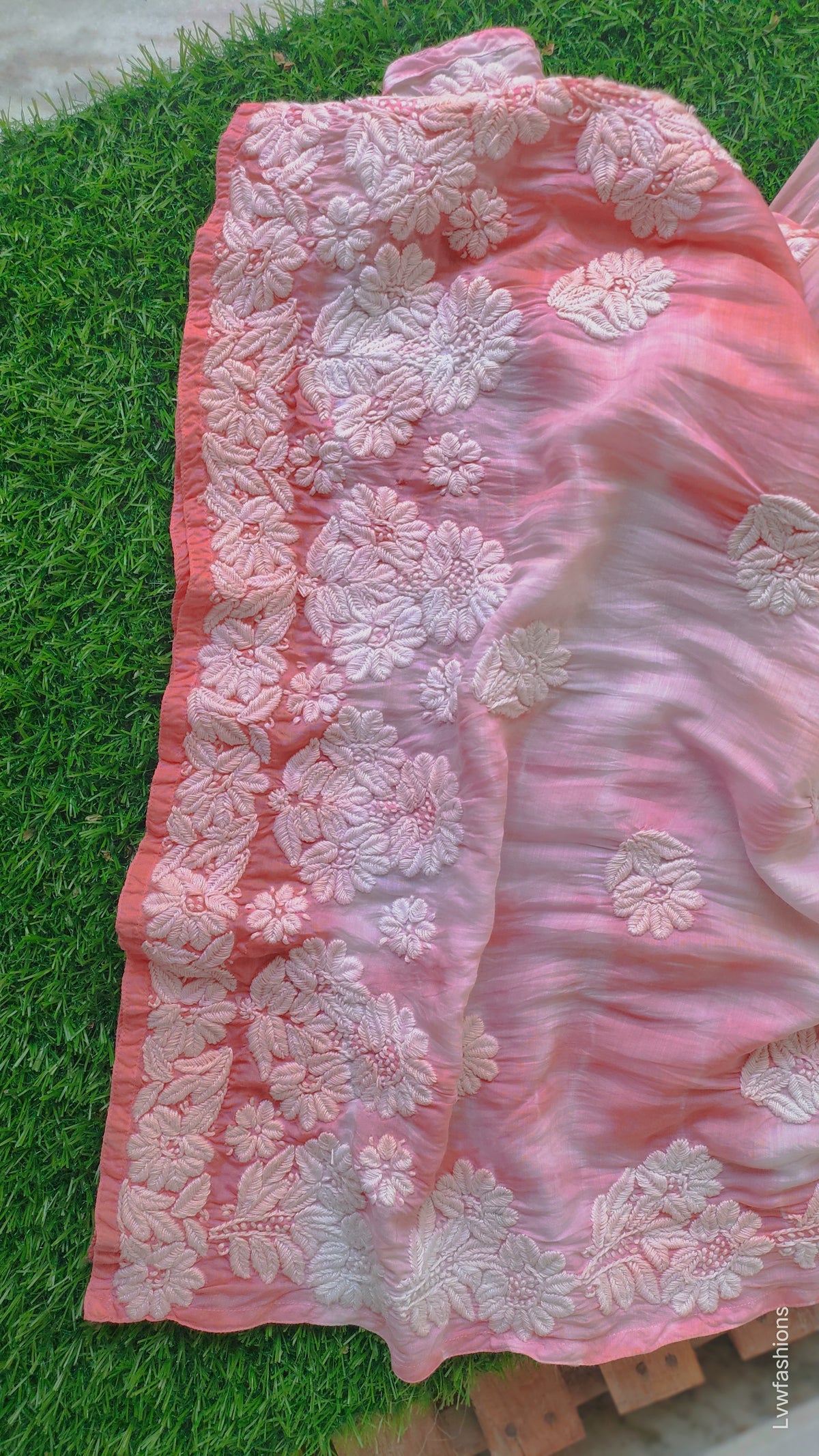 Handmade peach tye-dye silk Kurta with intricate Lucknow Chikankari embroidery by LVW Fashions.