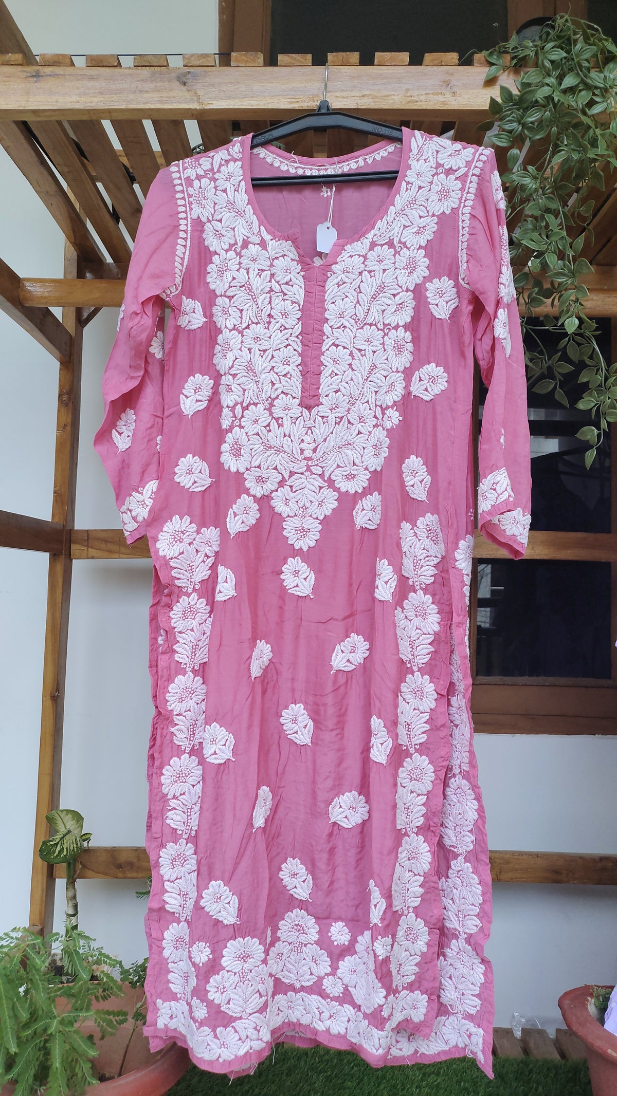 Pinkish premium silk Farah Chikankari Kurta by LVW Fashions with intricate back embroidery, handmade in Lucknow.