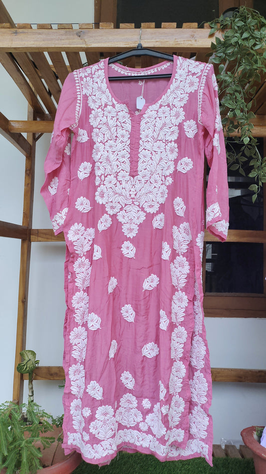 Pinkish premium silk Farah Chikankari Kurta by LVW Fashions with intricate back embroidery, handmade in Lucknow.