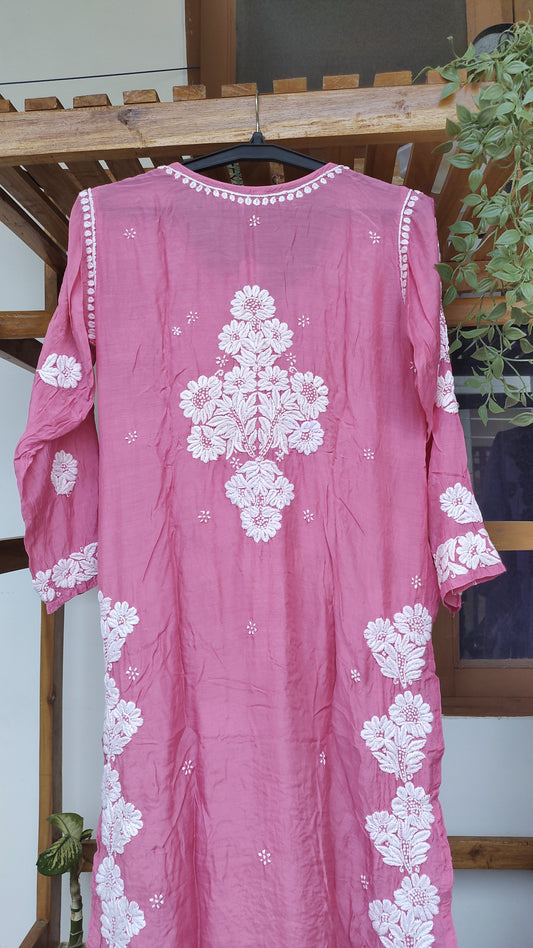 Pinkish premium silk Farah Chikankari Kurta with intricate back embroidery, handmade by LVW Fashions in traditional Lucknow style.
