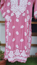 Pinkish premium silk Farah Chikankari Kurta by LVW Fashions with intricate back embroidery and handcrafted Lucknow-style embroidery.