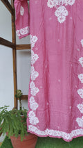 Pinkish luxury silk Farah Chikankari Kurta with intricate back embroidery by LVW Fashions, handmade in Lucknow.