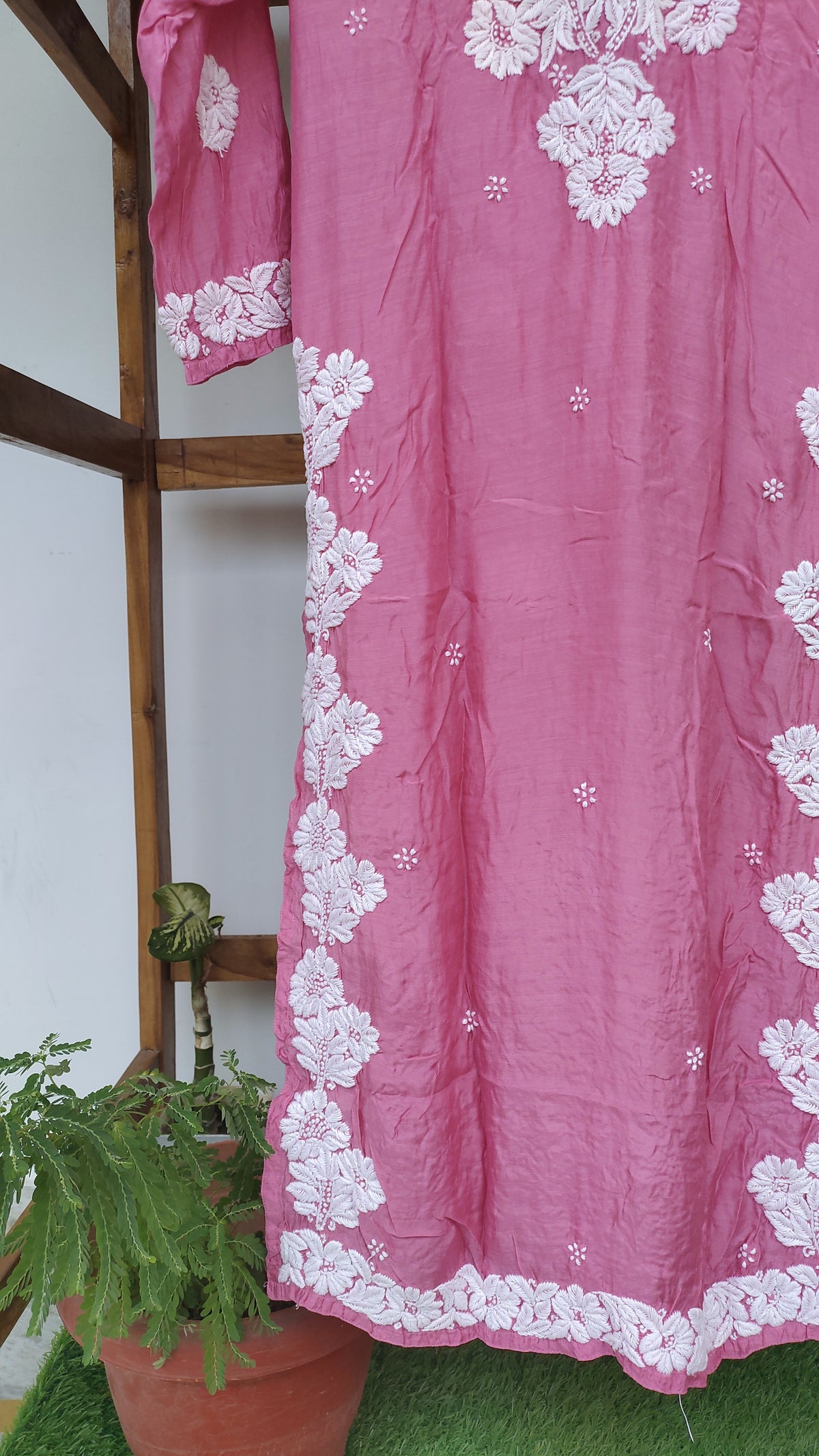 Pinkish luxury silk Farah Chikankari Kurta with intricate back embroidery by LVW Fashions, handmade in Lucknow.
