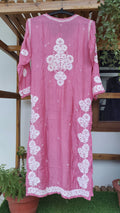 Pinkish luxury silk Chikankari Kurta with intricate back embroidery by LVW Fashions, handmade in Lucknow, in XXS size.