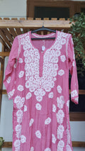Pinkish silk Kurta with intricate Lucknow Chikankari embroidery and unique back design, handmade by LVW Fashions.