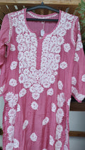 Pinkish premium silk Farah Chikankari Kurta with intricate back embroidery, handmade by LVW Fashions, featuring luxurious Lucknow craftsmanship.