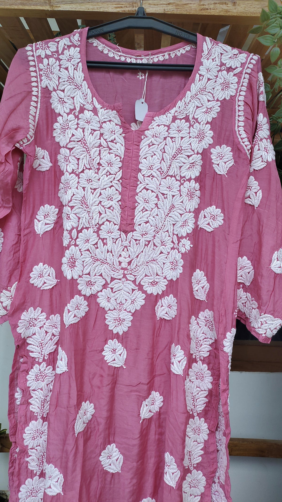 Pinkish premium silk Farah Chikankari Kurta with intricate back embroidery, handmade by LVW Fashions, featuring luxurious Lucknow craftsmanship.