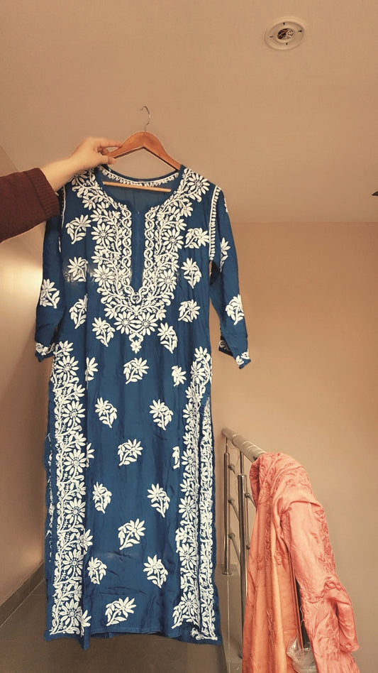 Handmade Farah Premium translucent Chikankari long kurta with intricate embroidery, neck, and Daman details by LVW Fashions.