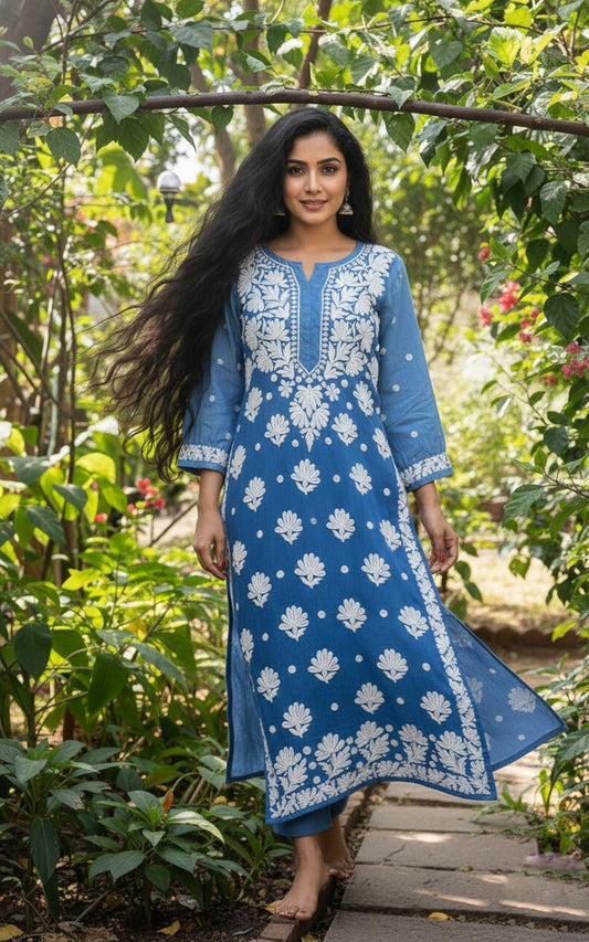 Handmade Farah premium transparent Chikankari long kurta with embroidered neck and Daman, crafted by LVW Fashions in Lucknow style.