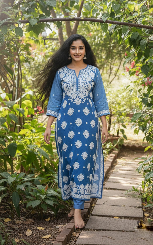 Handmade Farah Premium Transpareant Chikankari long kurta with intricate neck and daman embroidery, crafted by LVW Fashions in Lucknow style.