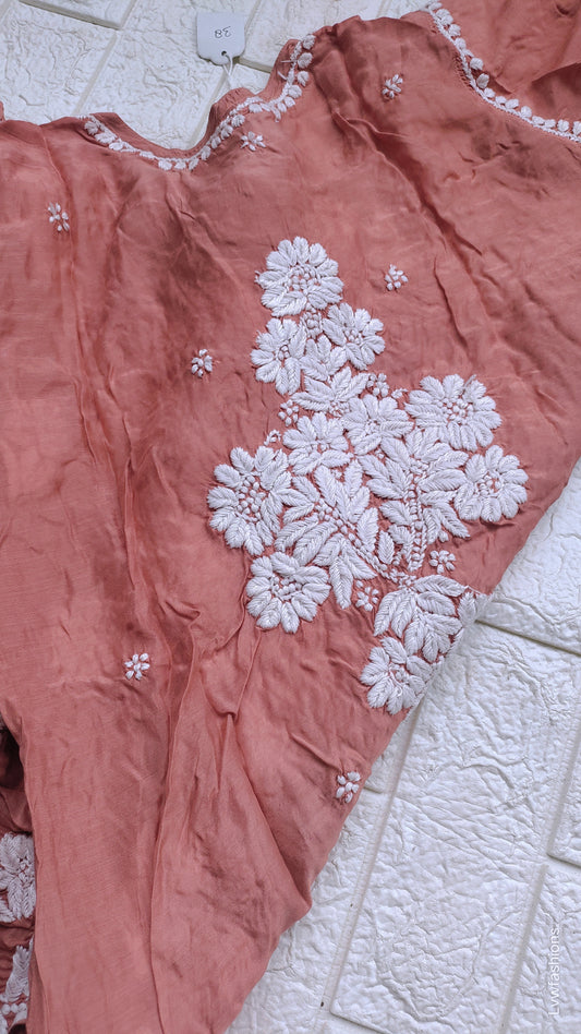 Luxury Farah silk long kurta with intricate Lucknow Chikankari embroidery by LVW Fashions, showcasing elegant handcrafted design.