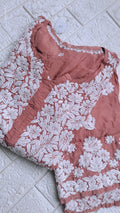 LVW Fashions Farah premium silk long kurta with intricate Lucknow chikankari embroidery, luxurious handmade design.