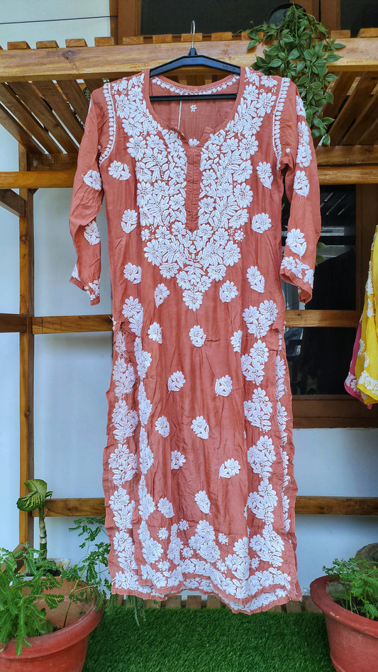 Elegant Farah Premium Silk Chikankari Long Kurta by LVW Fashions, featuring intricate Lucknow embroidery and luxurious silk fabric.