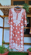 Luxurious look Farah premium silk long kurta with intricate Lucknow chikankari embroidery, handcrafted by LVW Fashions.