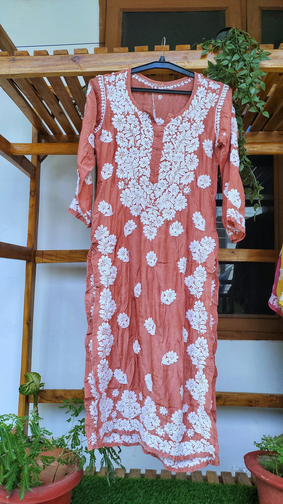 Luxurious look Farah premium silk long kurta with intricate Lucknow chikankari embroidery, handcrafted by LVW Fashions.