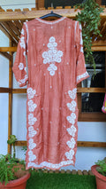 Luxurious pink silk long kurta with intricate white chikankari embroidery, handmade by LVW Fashions in Lucknow.