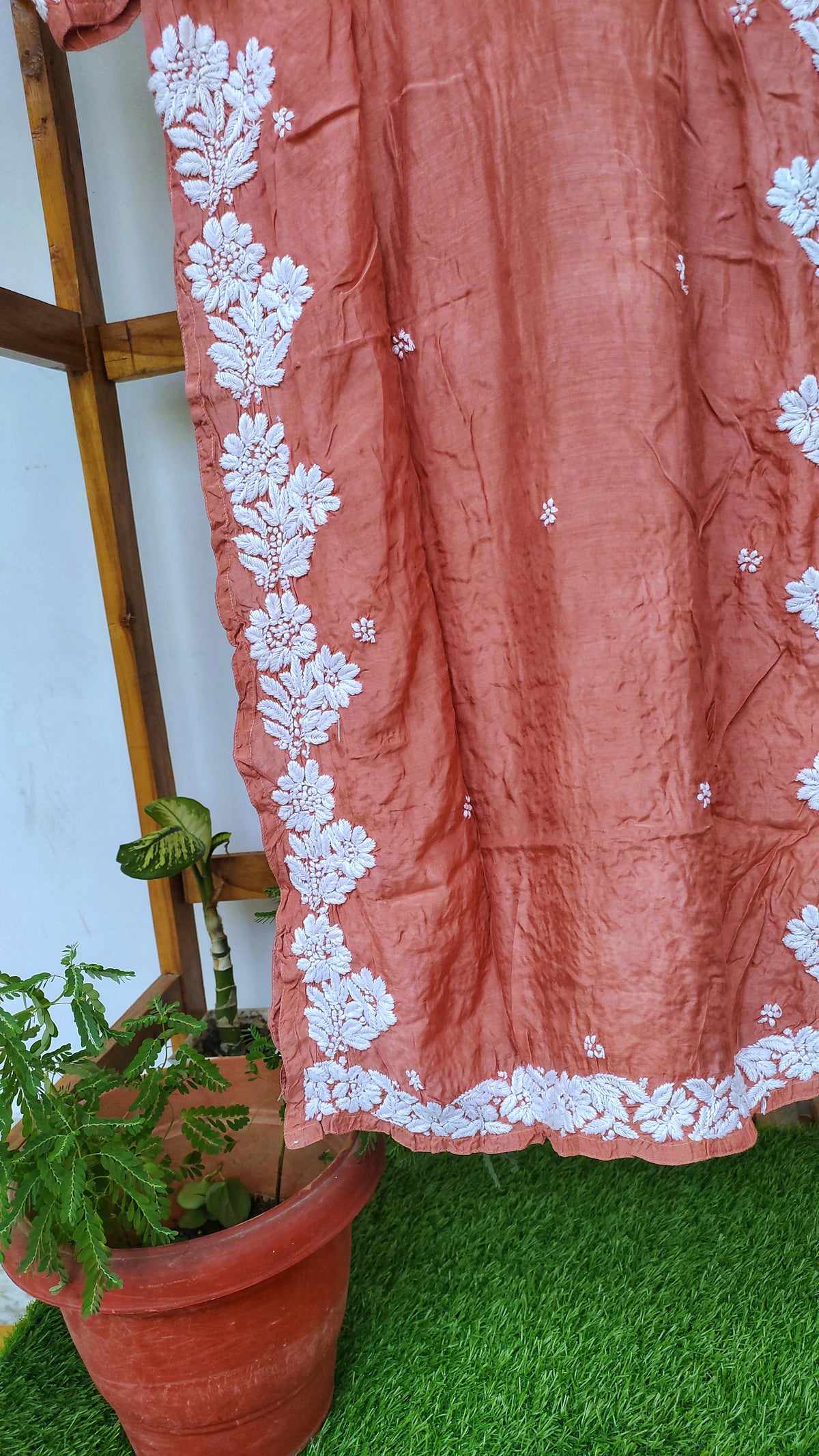 LVW Fashions Farah premium silk long kurta with intricate handmade Lucknow chikankari embroidery, luxurious and elegant.