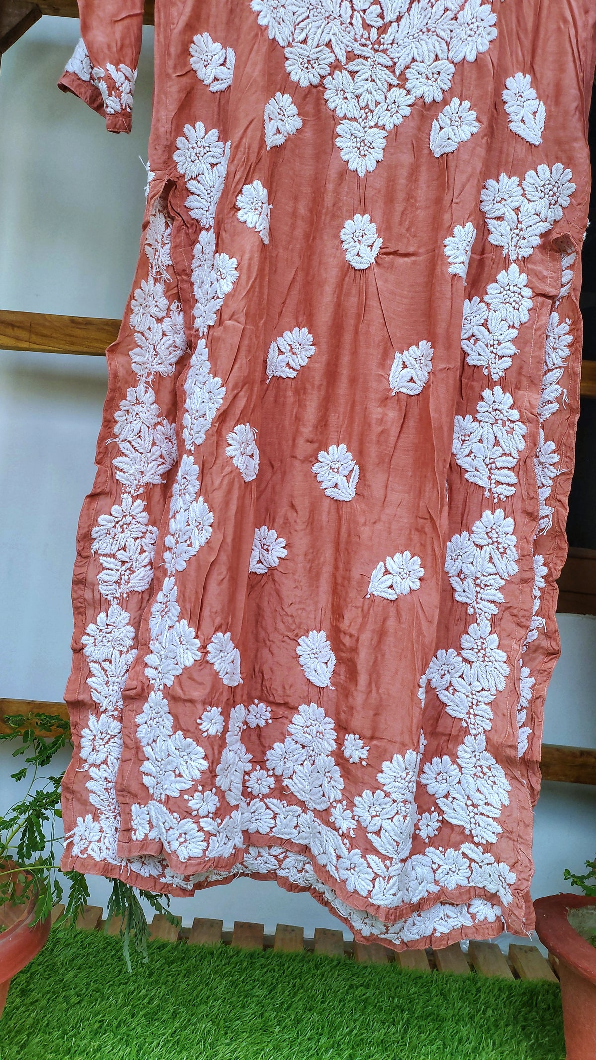 LVW Fashions luxurious silk long kurta with intricate handmade Lucknow chikankari embroidery, elegant and traditional.