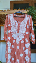 Luxury cream silk long kurta with intricate handmade Lucknow chikankari embroidery by LVW Fashions.