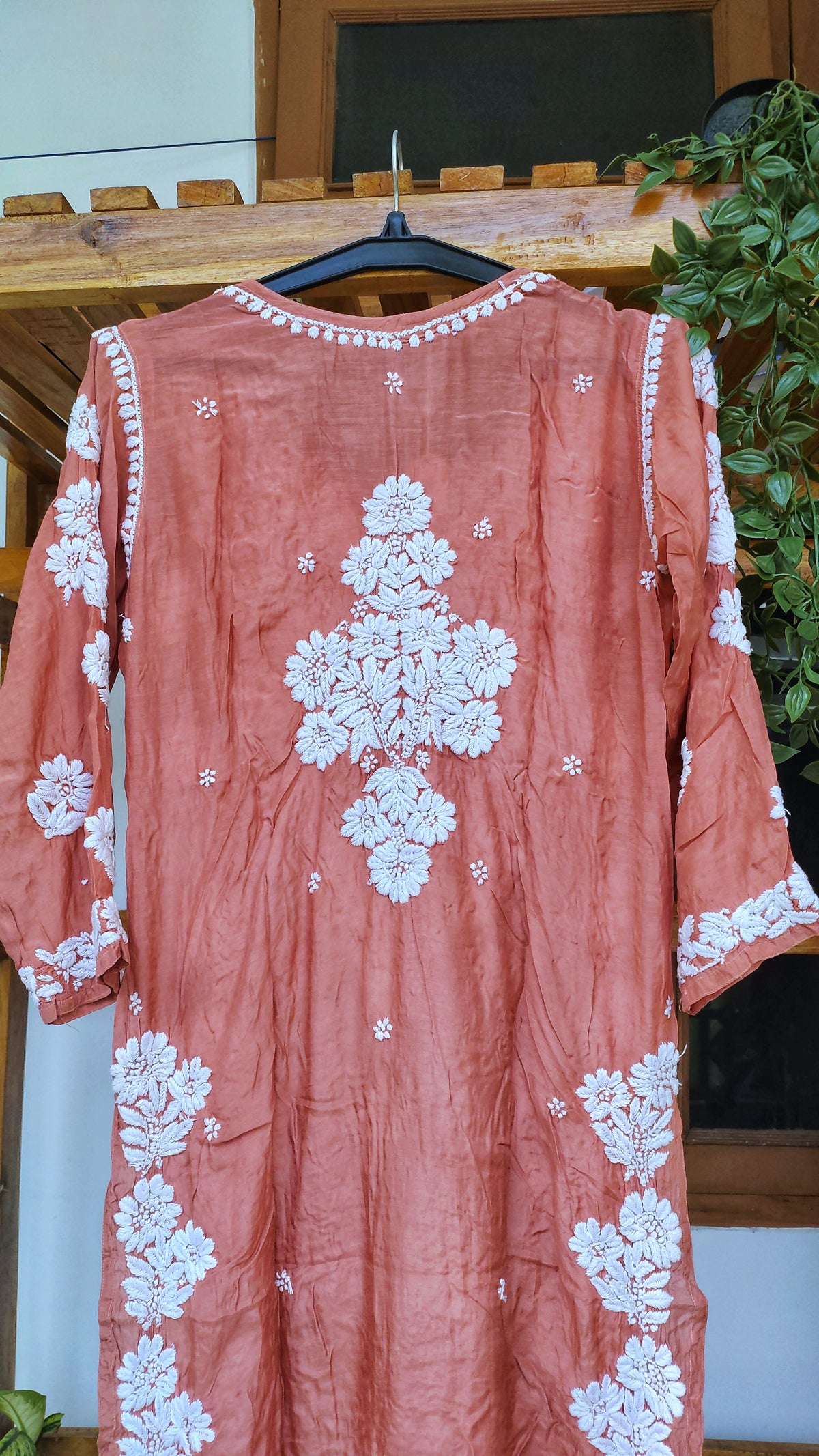 Luxurious look Farah Premium Silk Chikankari Long Kurta by LVW Fashions, handmade in Lucknow with intricate embroidery.