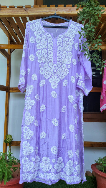 Purple silk long kurta with intricate Lucknow Chikankari embroidery and unique back design by LVW Fashions.