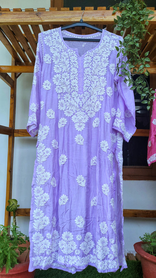 Purple silk long kurta with intricate Lucknow Chikankari embroidery and unique back design by LVW Fashions.