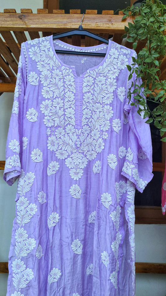 Purple luxury silk long kurta by LVW Fashions with intricate Lucknow chikankari embroidery and unique back design.