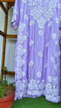 Purple luxury silk long kurta by LVW Fashions with intricate handmade Lucknow Chikankari and unique back embroidery.