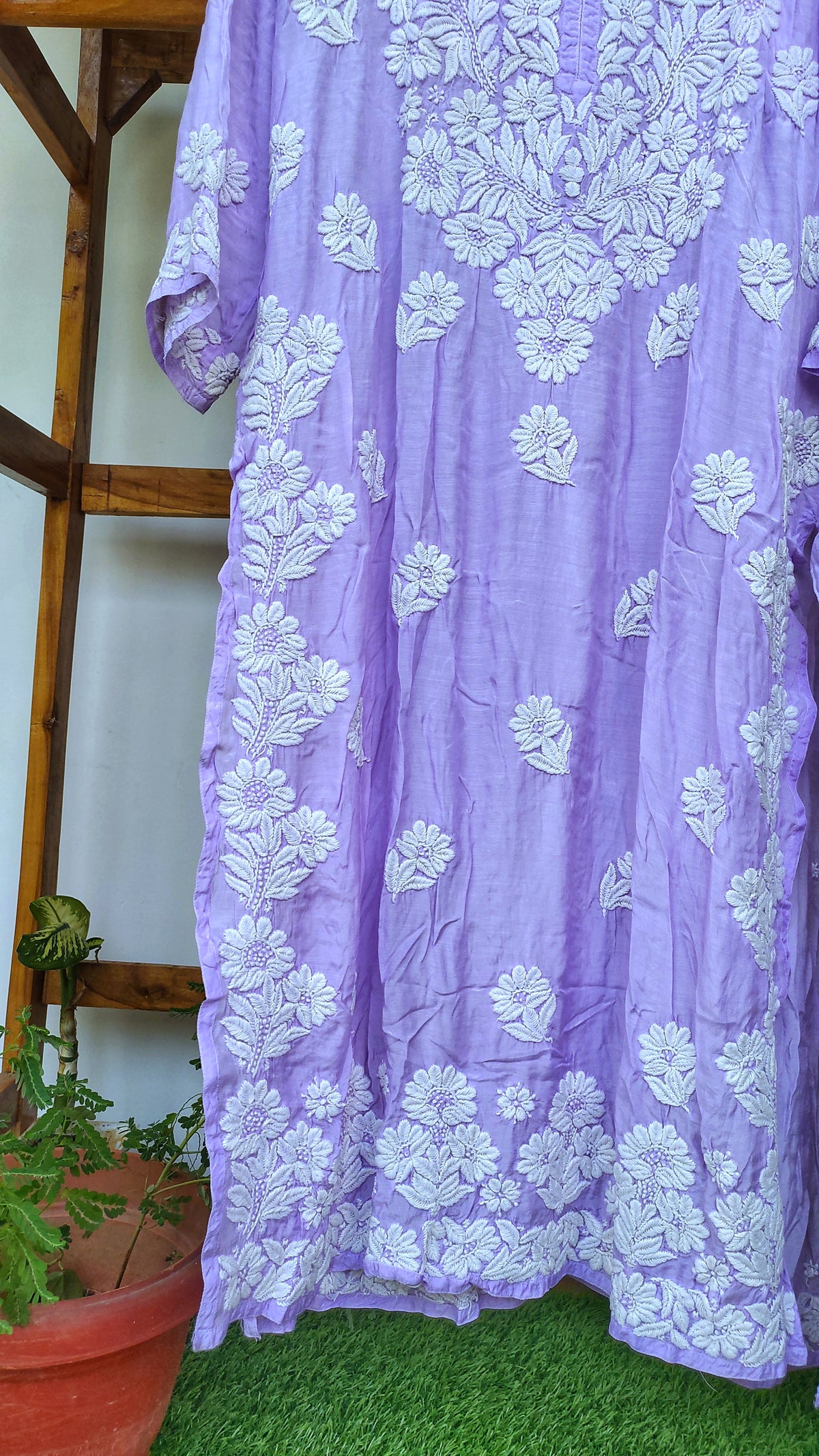 Purple luxury silk long kurta by LVW Fashions with intricate handmade Lucknow Chikankari and unique back embroidery.
