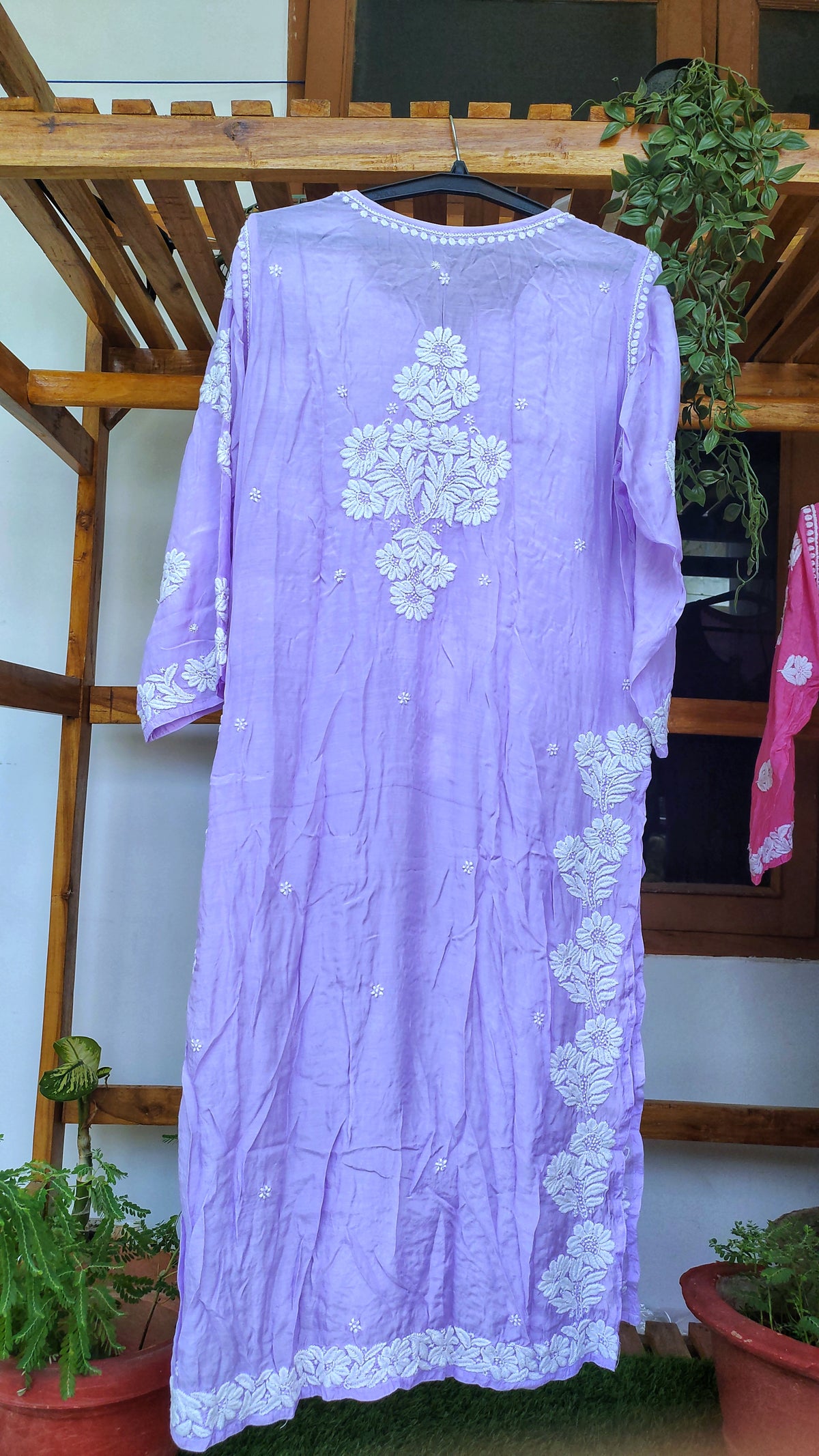 LVW Fashions handmade purple silk long kurta with elegant Lucknow chikankari and unique back embroidery, luxurious look.