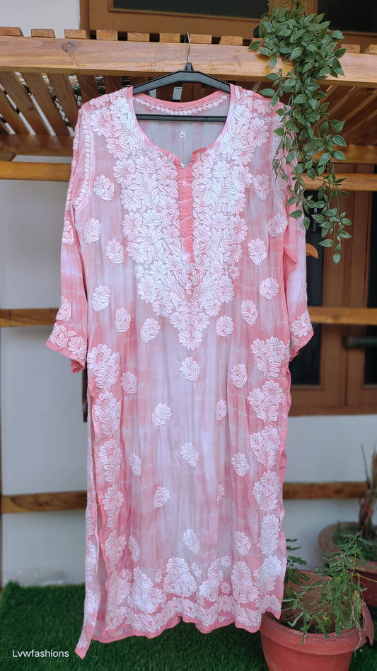 Handmade LVW Fashions Farah Tye dye premium soft silk Chikankari long kurta with intricate Lucknow embroidery and elegant design.