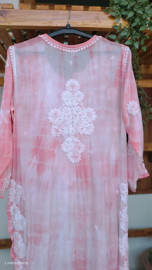 Farah Tye dye premium soft silk Chikankari long kurta by LVW Fashions with intricate Lucknow embroidery and handmade craftsmanship.