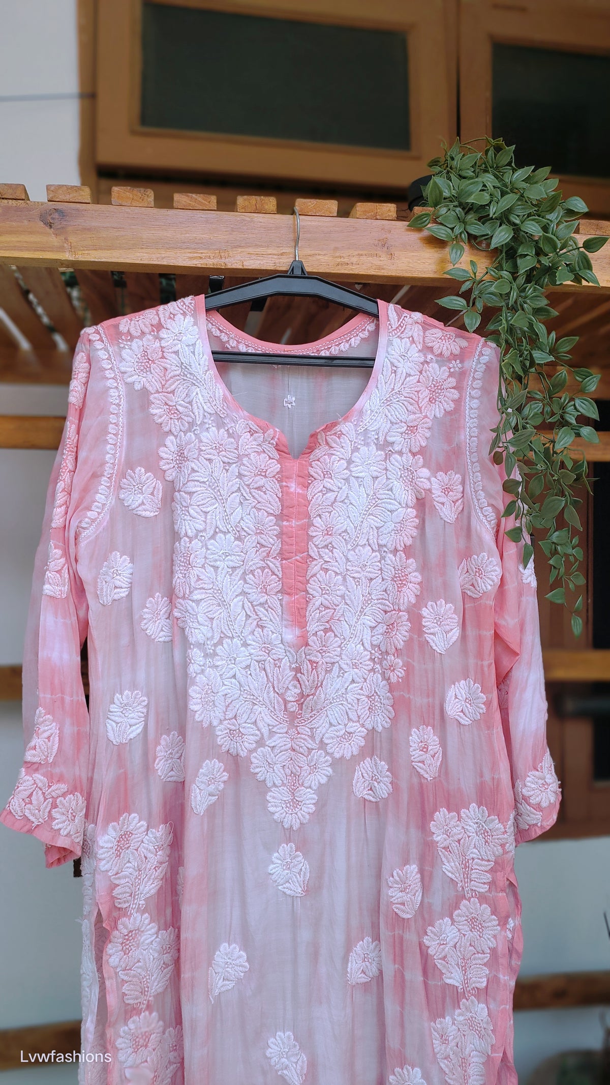 Farah Tye dye premium soft silk long kurta with intricate handmade Lucknow chikankari embroidery by LVW Fashions.