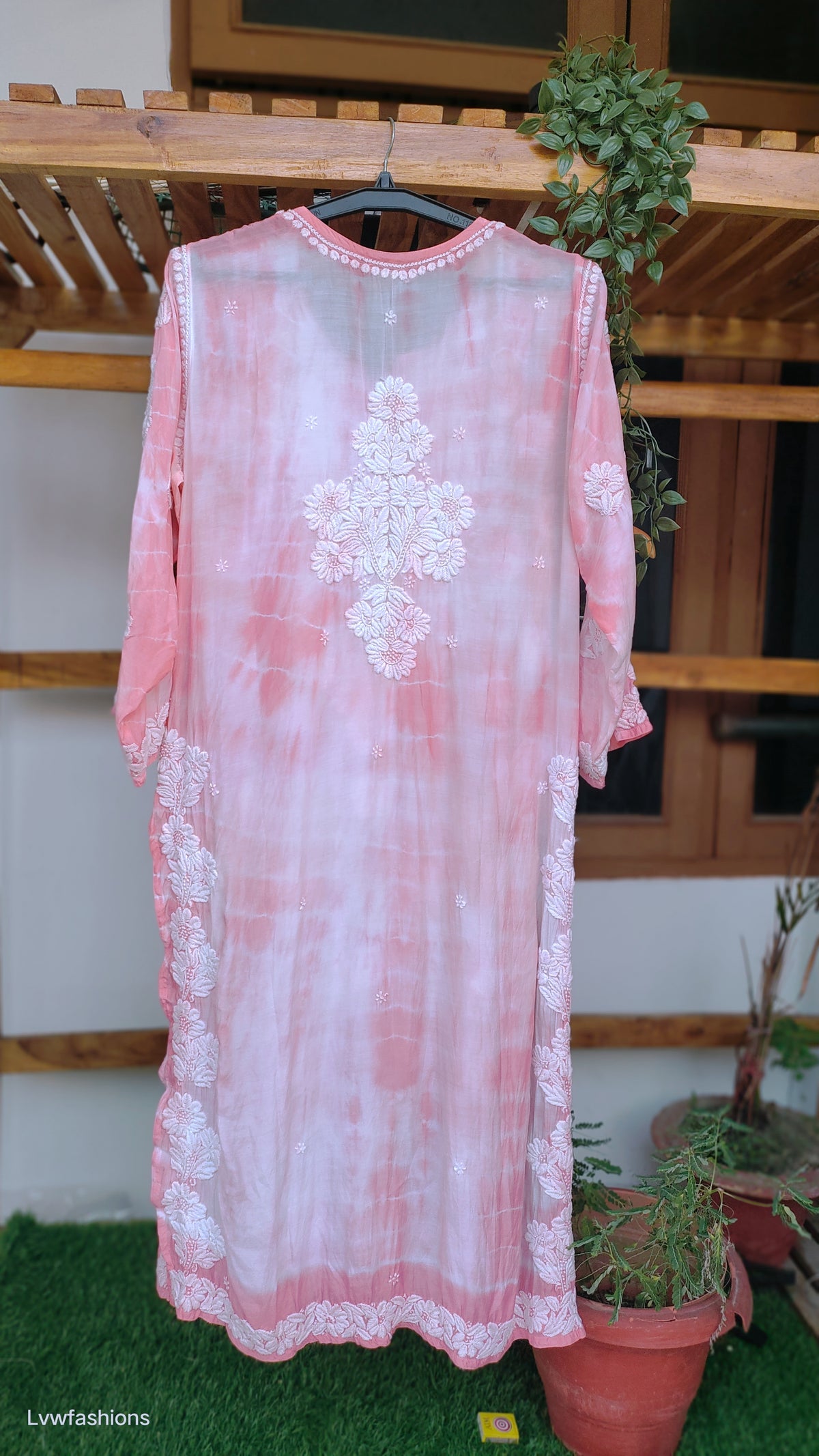 Farah Tye Dye Premium Soft Silk Chikankari Long Kurta by LVW Fashions featuring intricate Lucknow embroidery and handmade craftsmanship.