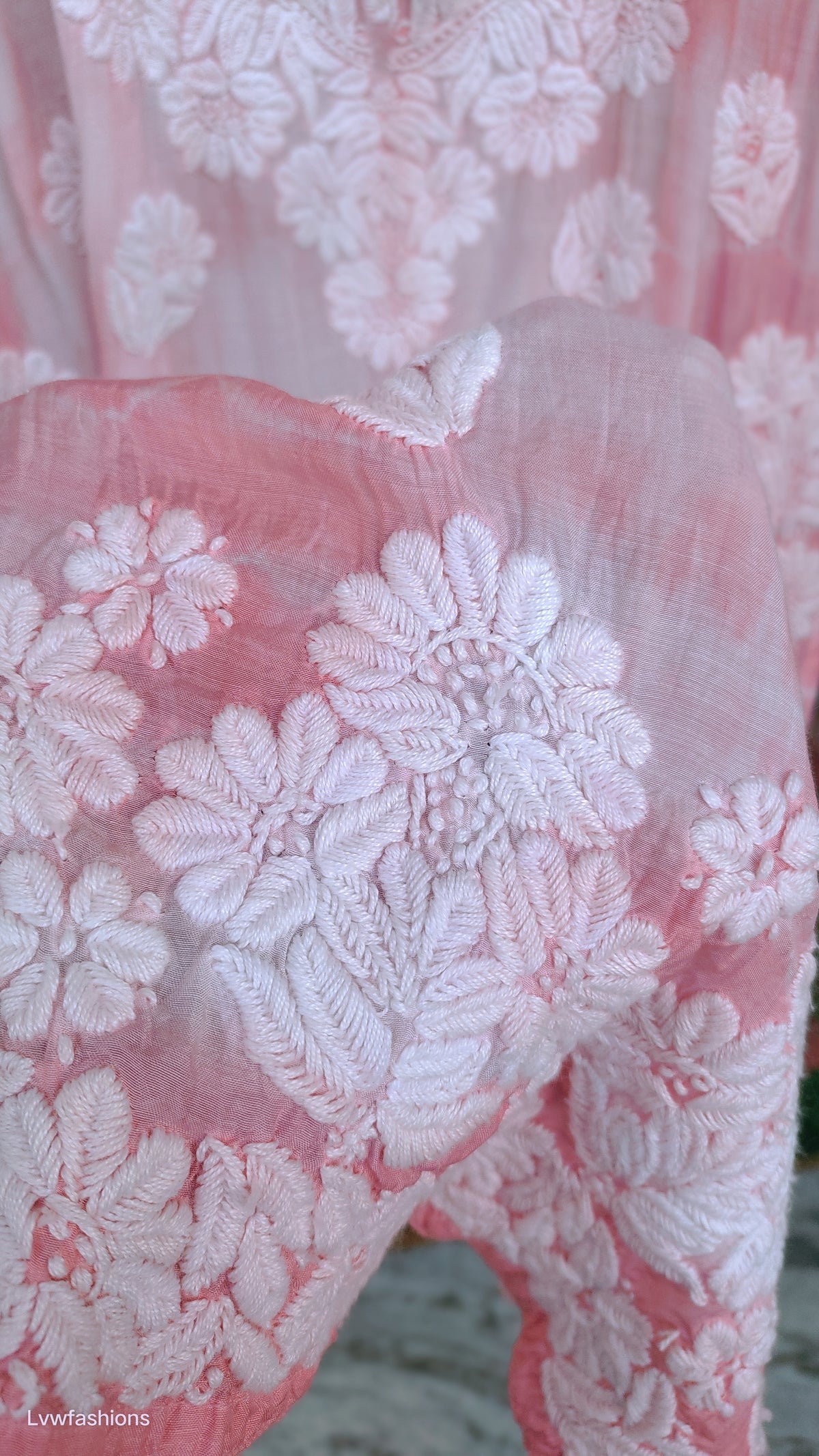 LVW Fashions handmade Farah Tye dye premium soft silk long kurta with intricate Lucknow Chikankari embroidery.