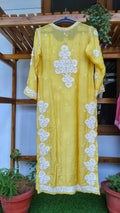 Yellow premium silk Farah Kurti by LVW Fashions featuring luxurious look Chikankari embroidery and unique back design.