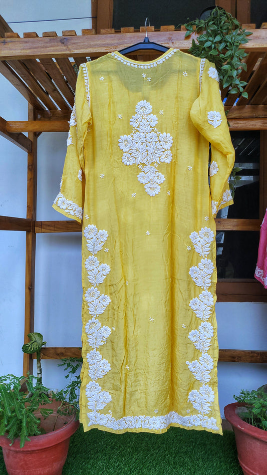 Yellow premium silk Farah Kurti by LVW Fashions featuring luxurious look Chikankari embroidery and unique back design.