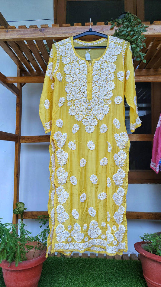 Yellow silk Farah long Kurti by LVW Fashions with luxurious Chikankari embroidery and unique back design, handmade in Lucknow.