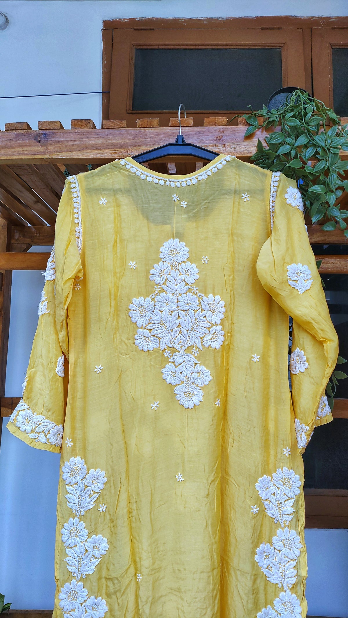Yellow silk Chikankari long Kurti by LVW Fashions with intricate back embroidery, luxurious look, handmade Lucknow Chikankari style.