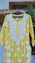 Yellow luxury silk Kurti by LVW Fashions with intricate Lucknow Chikankari and unique back embroidery, handmade long Chikankari Kurti.