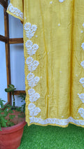 Yellow premium silk Farah long Kurti with luxurious look and intricate Lucknow Chikankari embroidery featuring unique back design.