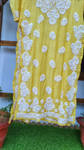 Yellow silk Chikankari long kurti by LVW Fashions with intricate back embroidery and luxurious look, handmade in Lucknow.