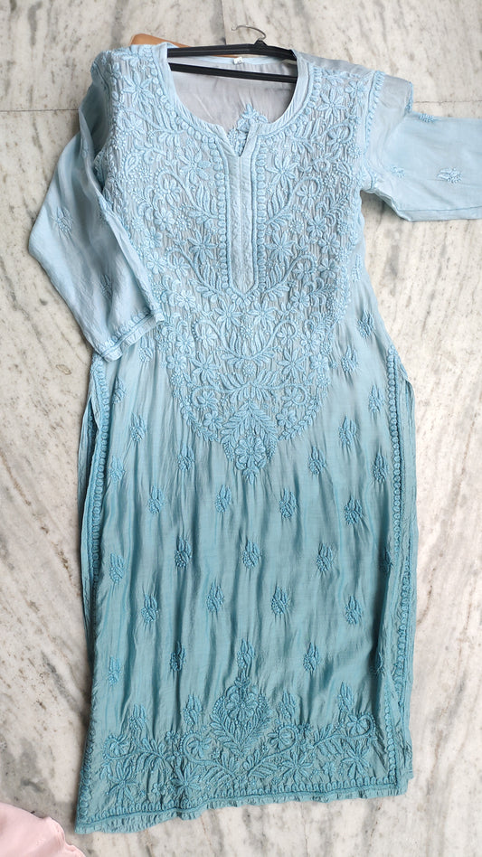 Elegant LVW Fashions long silk chikankari kurta with heavy neck embroidery and ombre shade, handmade in Lucknow.