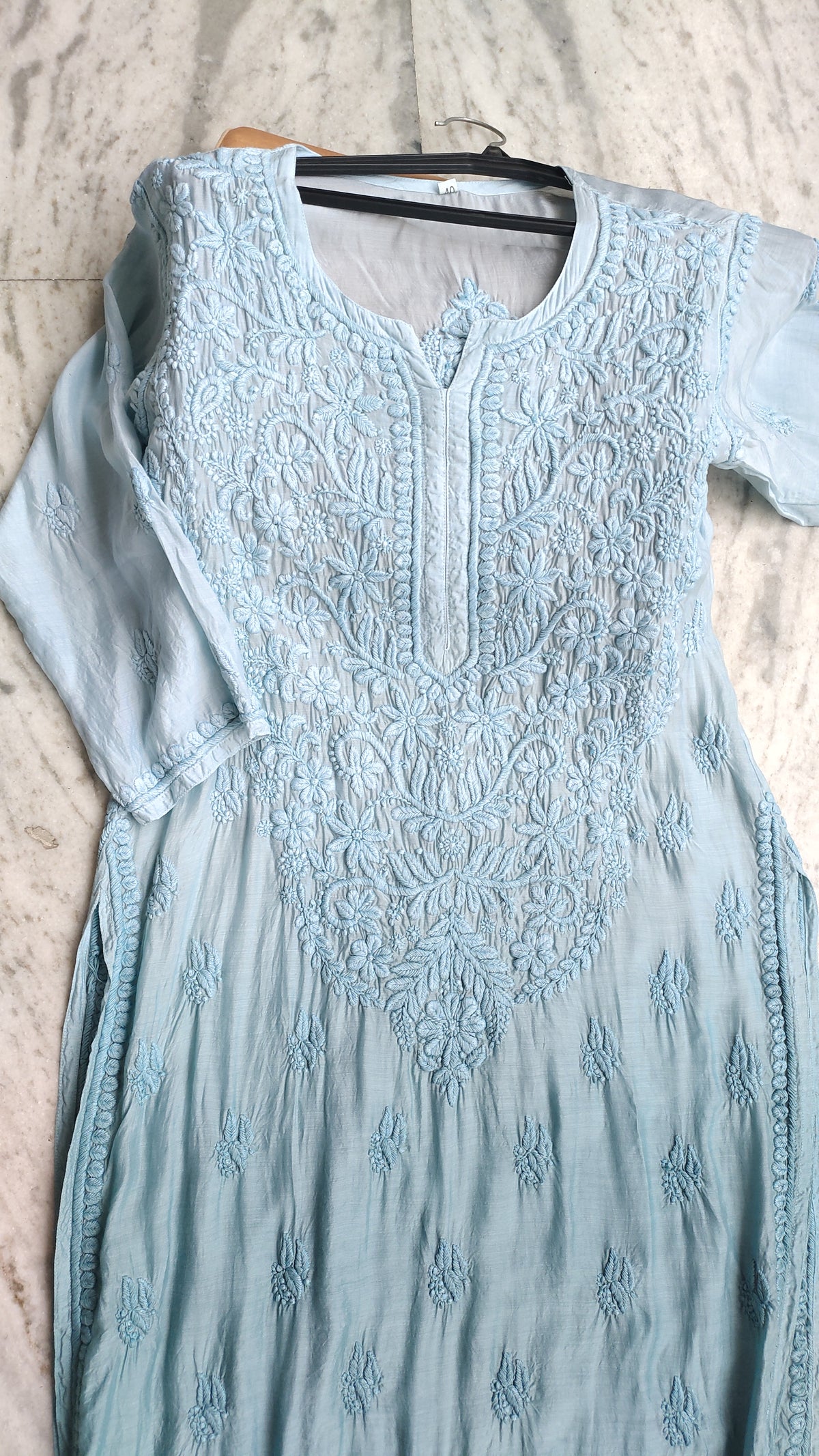 Long silk fabric chikankari kurta with heavy neck embroidery in ombre shades, handcrafted by LVW Fashions, in Lucknow style.