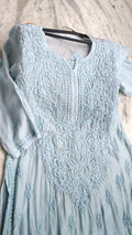 Handmade long silk Kurta with heavy neck embroidery, chikankari details, and ombre shade from LVW Fashions.