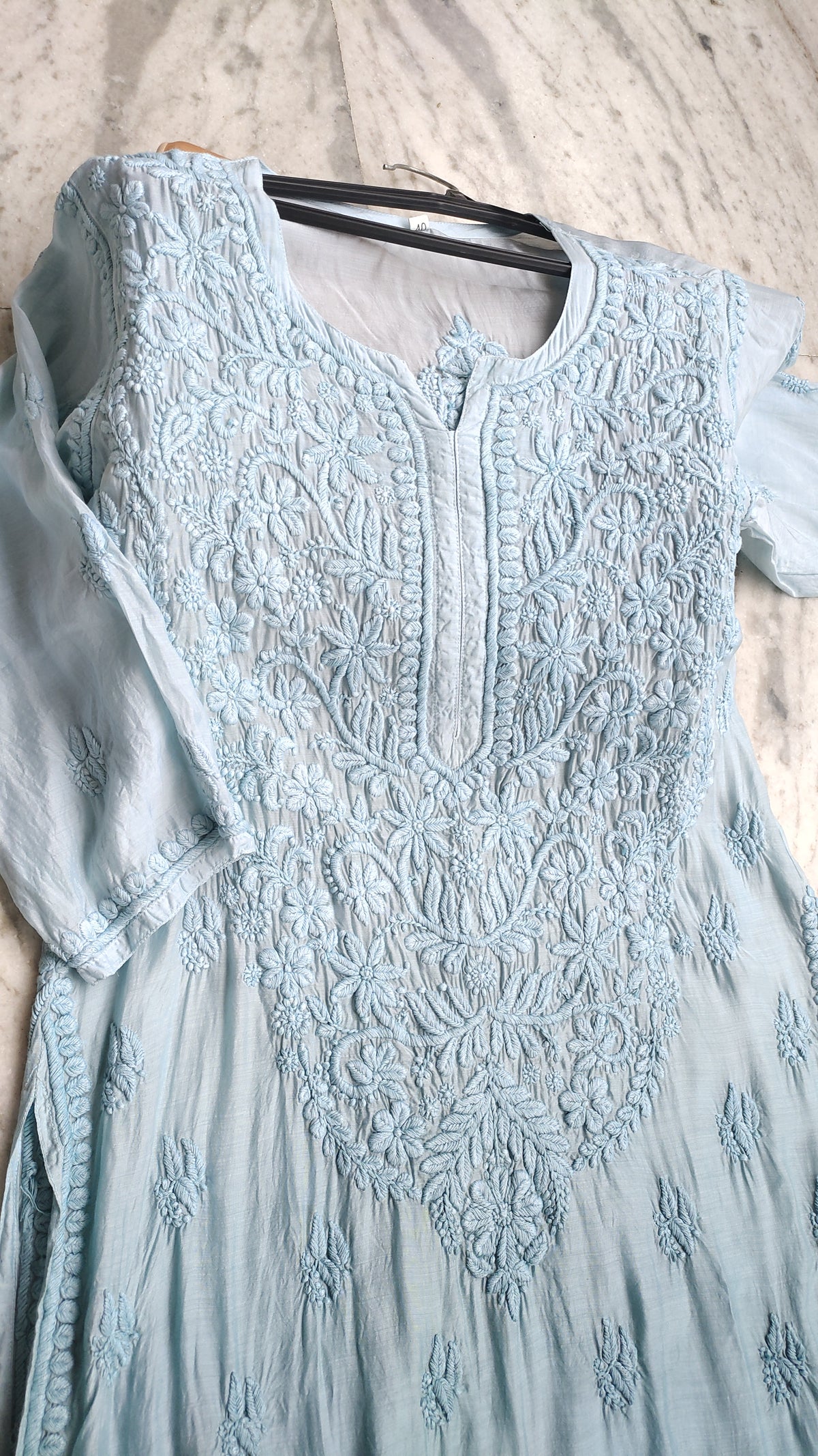 Handmade long silk Kurta with heavy neck embroidery, chikankari details, and ombre shade from LVW Fashions.
