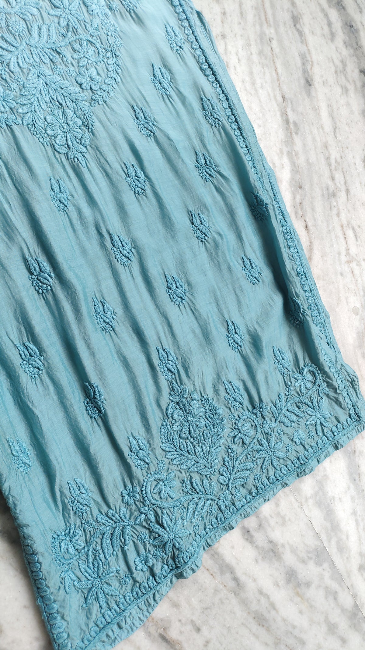 LVW Fashions handmade long silk kurta with heavy neck embroidery, Lucknow chikankari, in an elegant ombre shade.